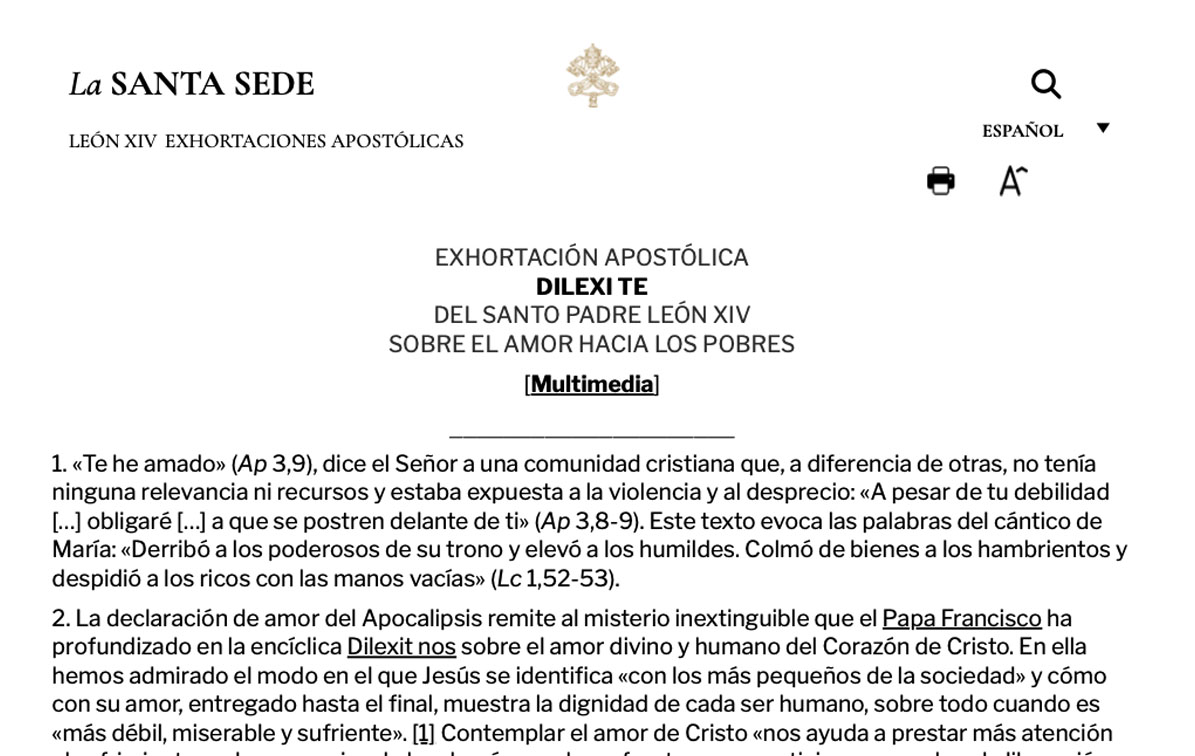 Exhortación Apostólica Dilexi te del Santo Padre León XIV sobre el amor hacia los pobres